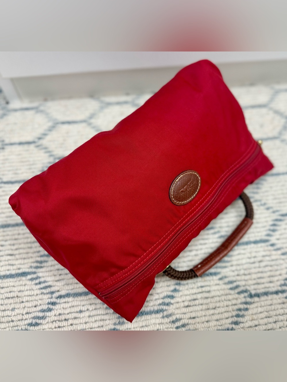 LONGCHAMP Vintage Y2K Collectors Made N France Le Pliage Nylon Red & Leather Bag - Picture 11 of 16